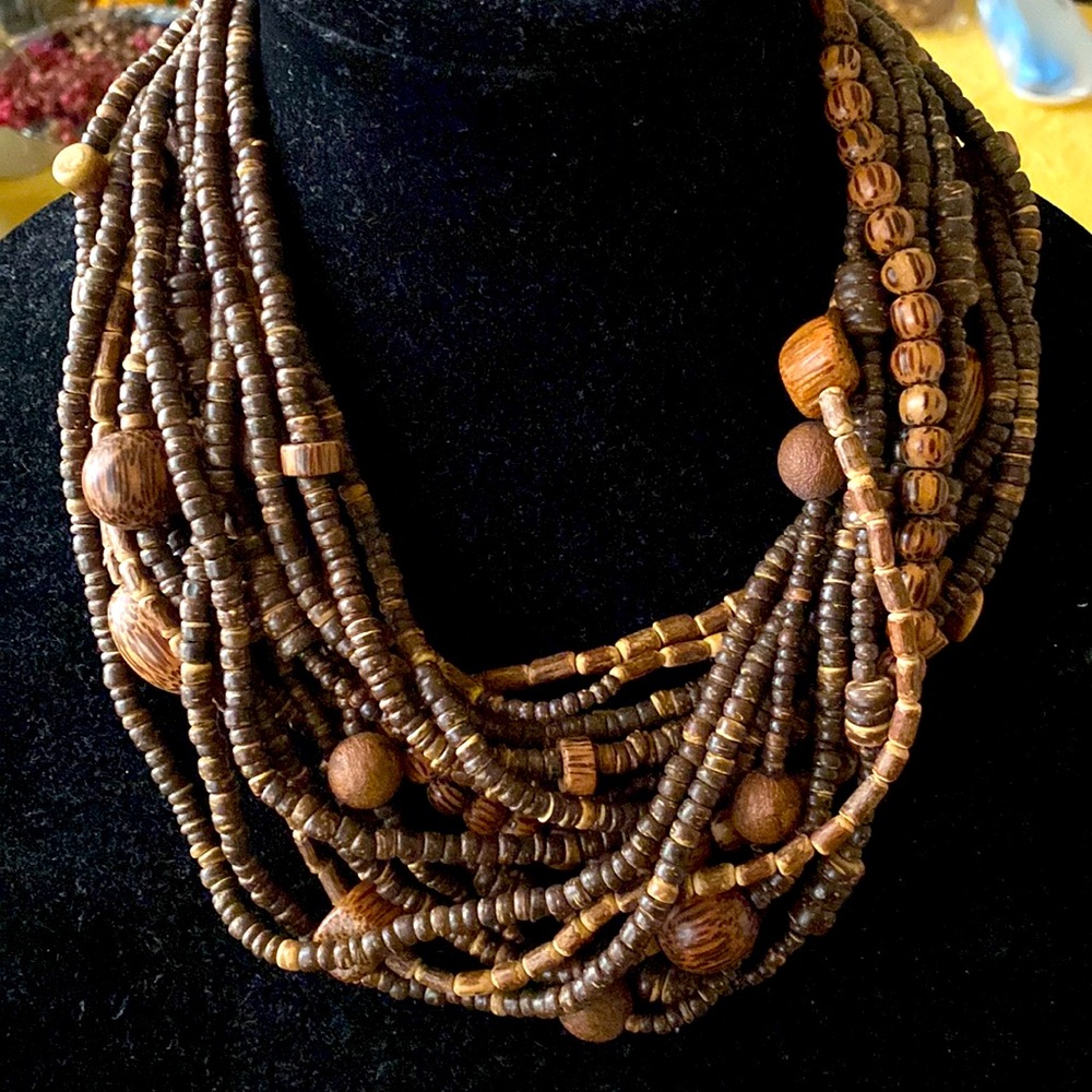 Wooden deep brown variety beaded statement necklace.
